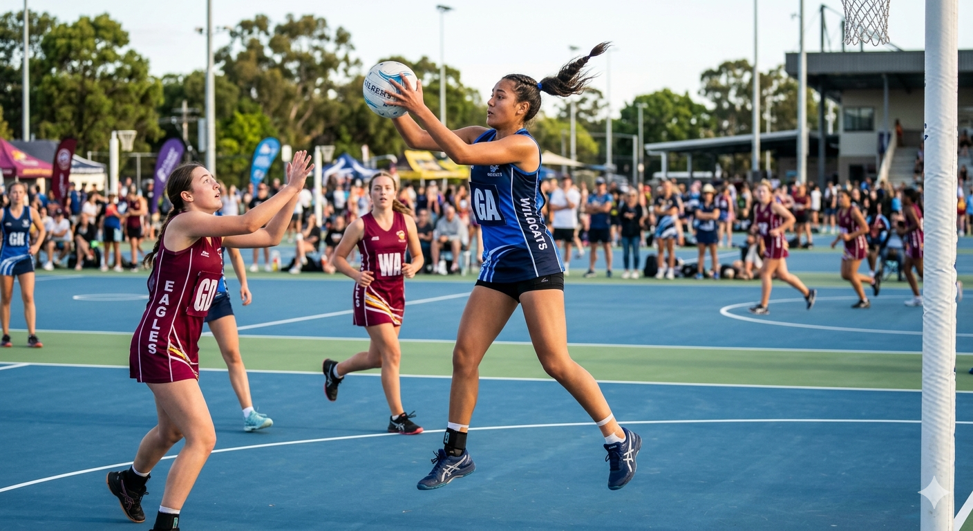 Young British netball player mid-jump catching the ball on an indoor court